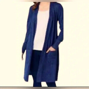 Denim & Co Women’s Heather Blue Open Front Cardigan Duster Cotton Pockets 2X EUC